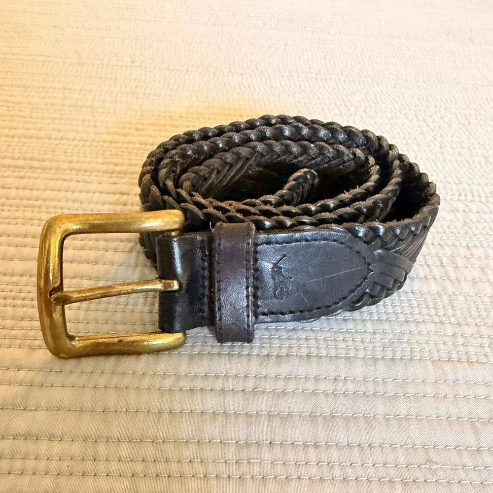 Polo Ralph Lauren Women's Braided Leather Belt Brown Brass Buckle Small‎